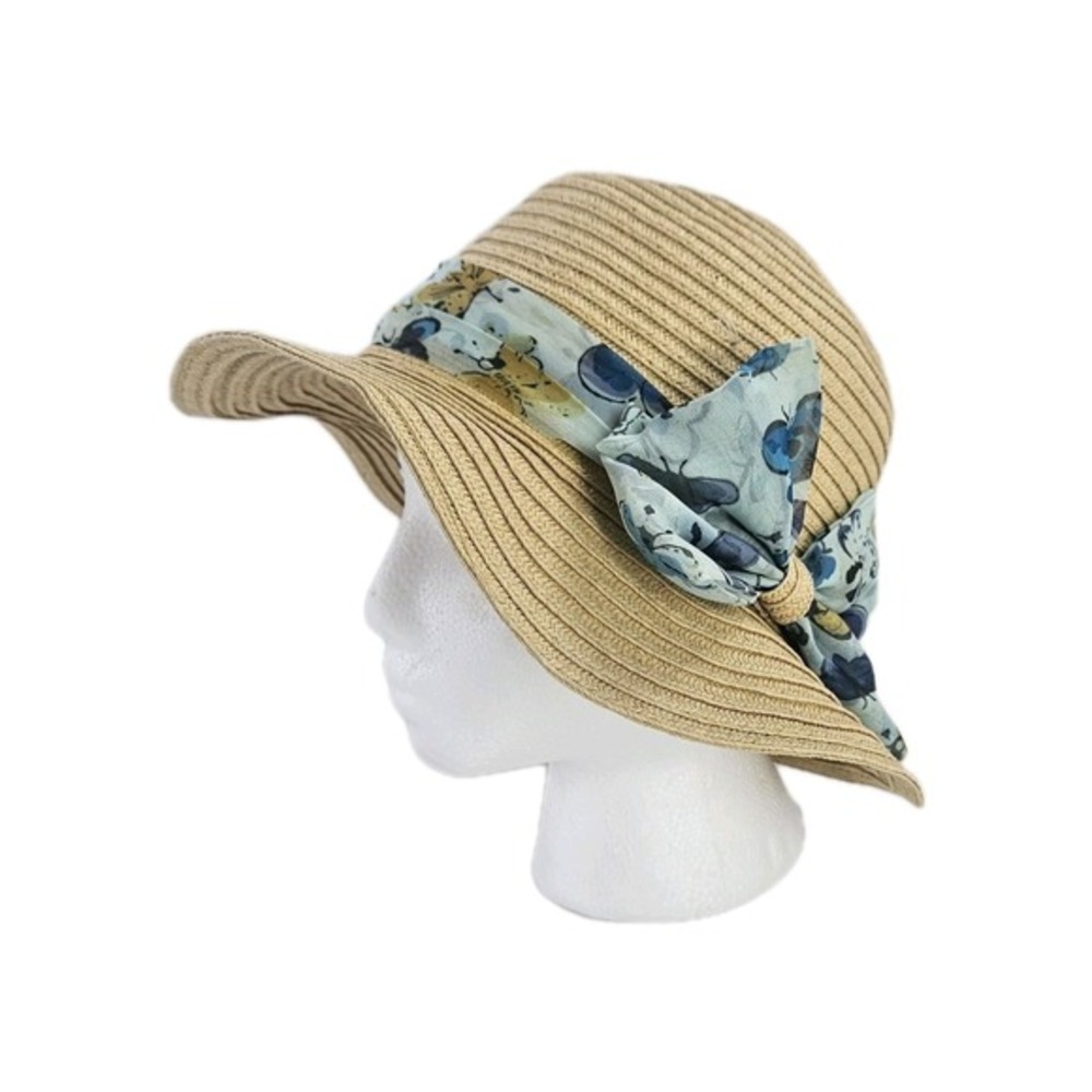 Mary Norton Woven Tan Paper Wide Brim Summer Beach‎ Hat With Blue Butterfly Bow